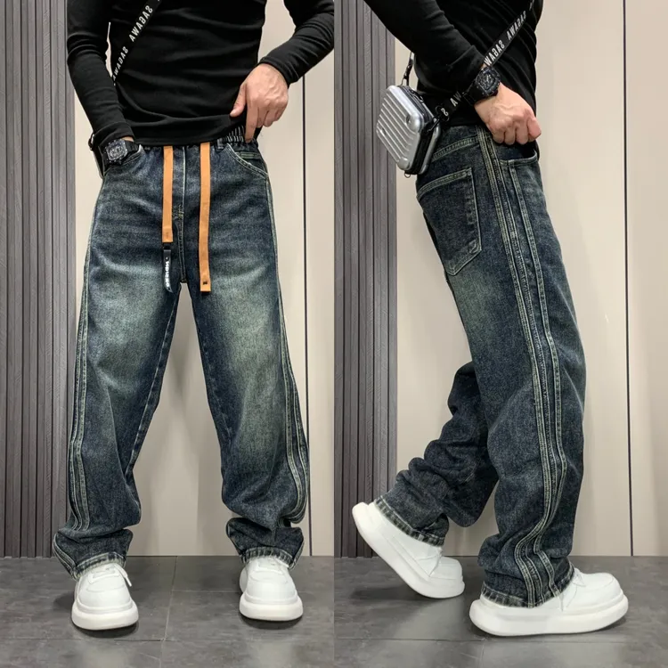 新款加绒宽松直筒阔腿休闲长裤子美式复古条纹牛仔裤男士潮牌秋冬