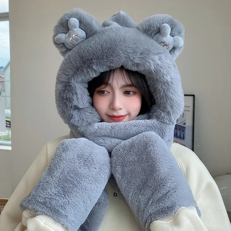 可爱小熊围巾帽子一体女冬季两件套冬天加绒保暖护耳连帽围脖手套