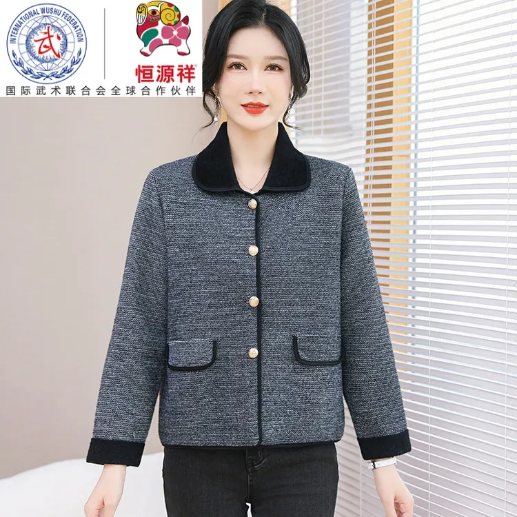 恒源祥彩羊春秋新款中老年妈妈装仿双面呢小香风短款外套翻领时尚