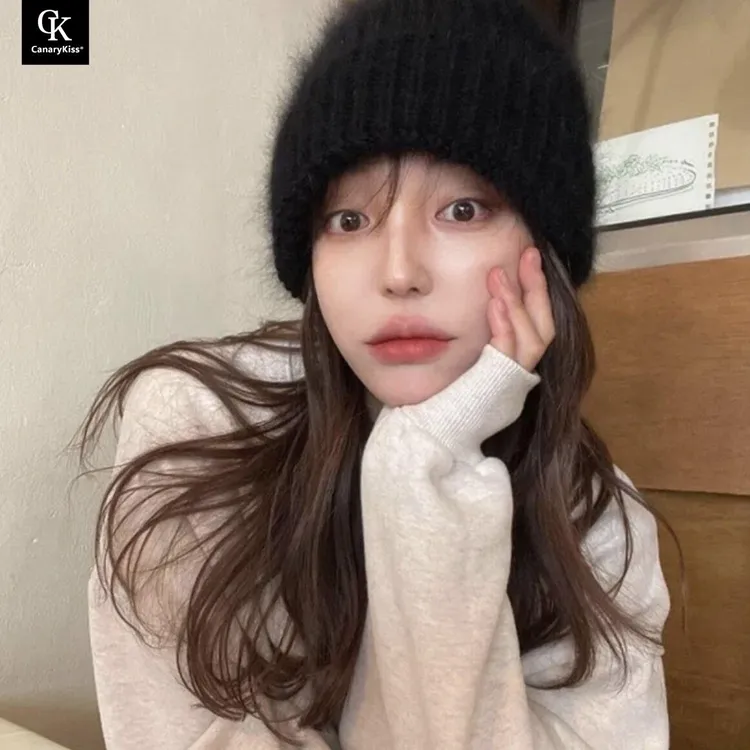 CanaryKiss保暖兔毛针织帽女秋双层加厚毛线帽休闲护耳帽软糯包头