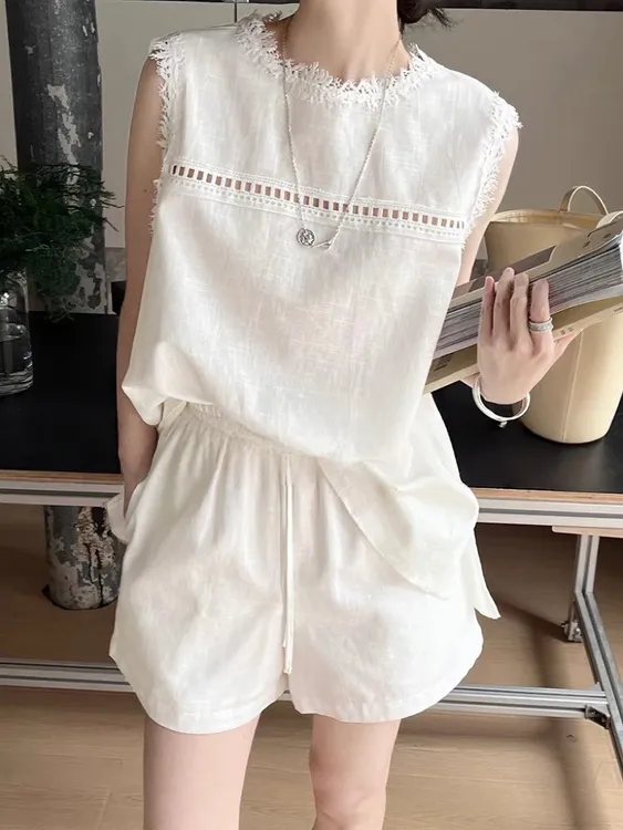 无袖镂空蕾丝拼接亚麻背心宽松短裤棉麻两件套装女820