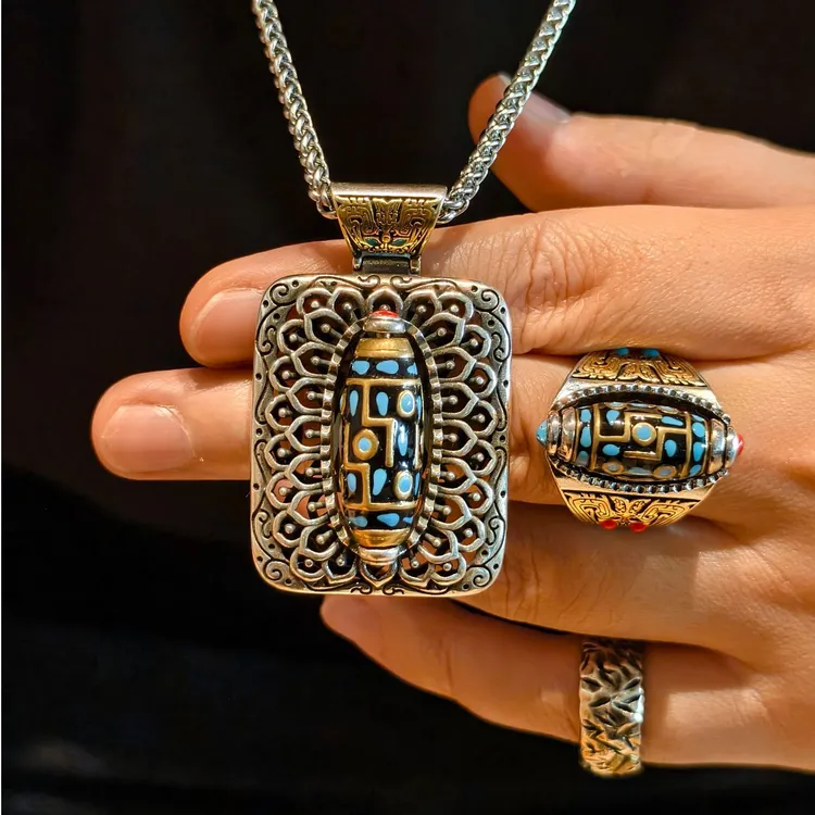铜合金项链 六字真九眼可转动项链男女复古民族风藏式霸气项链