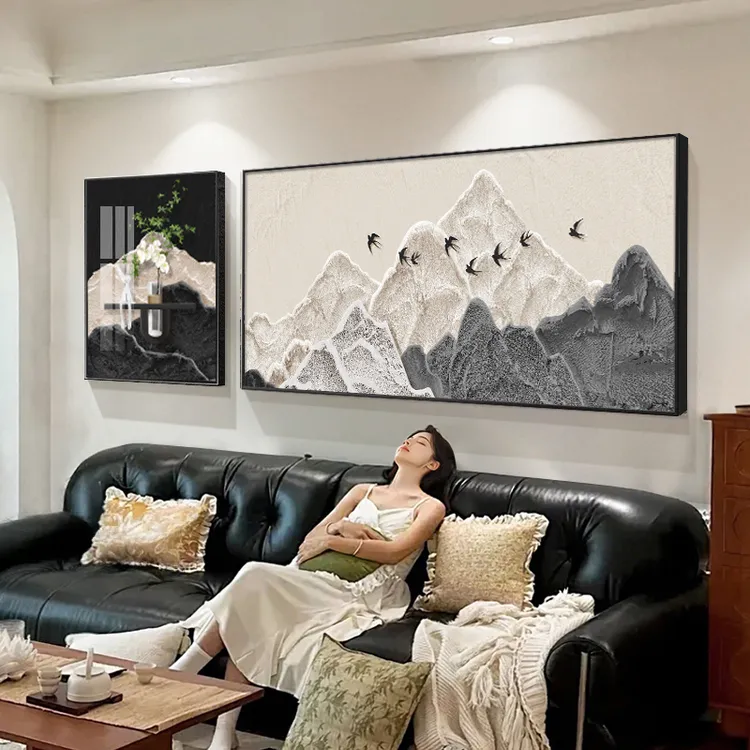 现代轻奢背有靠山客厅装饰画水培绿植高级感沙发背景墙山水壁画