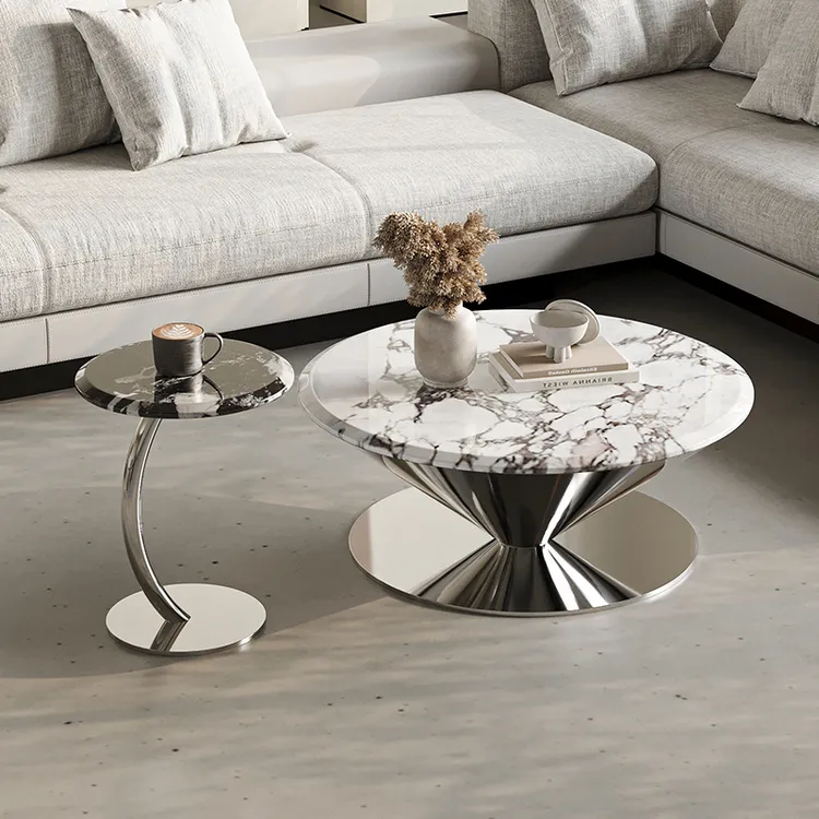 中古风大理石圆形飞碟茶几极简客厅家用大小户型轻奢高级感