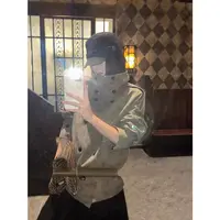 早秋设计感立领短款风衣女双排扣复古宽松百搭外套  82063