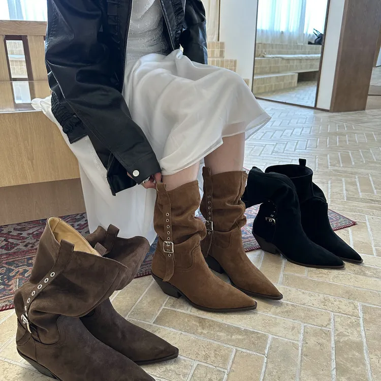 2025新款时尚复古西部牛仔靴女尖头粗跟中筒靴百搭显瘦时尚短靴