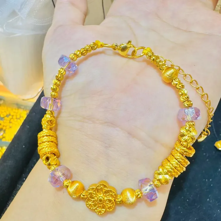 铜合金手链 法式轻奢风紫水晶盘缠串珠古法猫眼珠搭配饰品紫色女