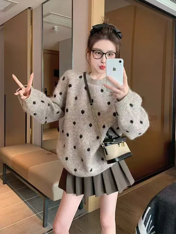 韩系波点套头毛衣女秋冬宽松休闲港味复古小个子慵懒内搭针织衫