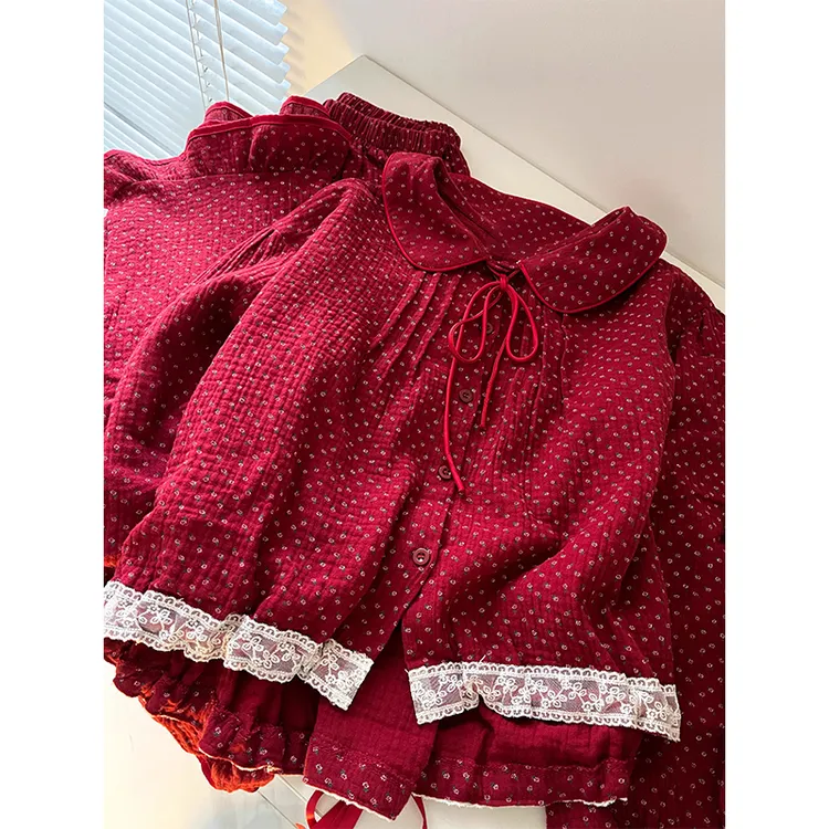 本命年红色碎花长袖长裤甜美减龄娃娃领睡衣女春秋季家居服蕾丝边