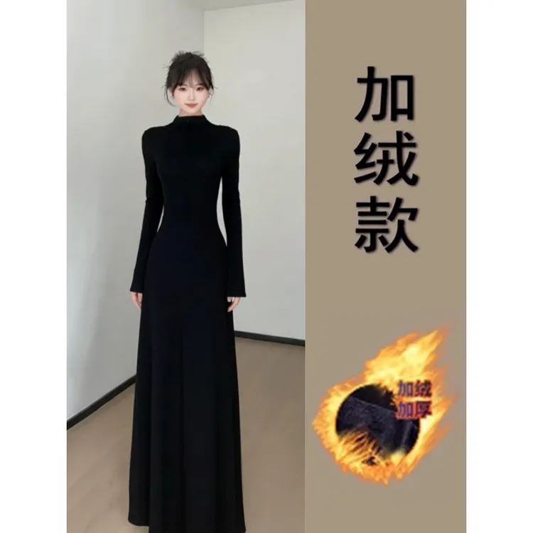 黑色针织高领连衣裙长款女秋冬季加绒厚内搭打底冬裙伯克利长裙子