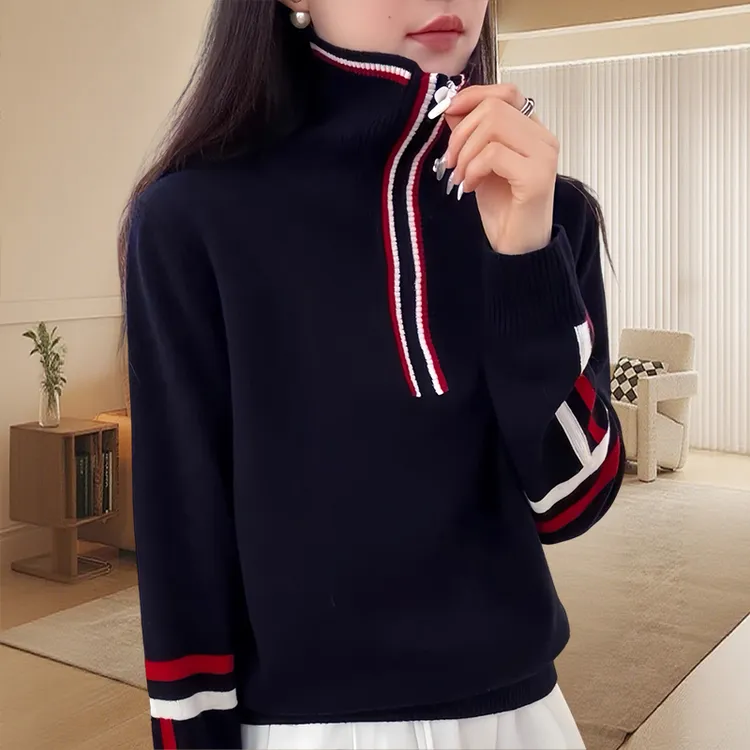 气质慵懒风新款2025春秋季女温柔气质撞色条纹立领长袖保暖针织衫