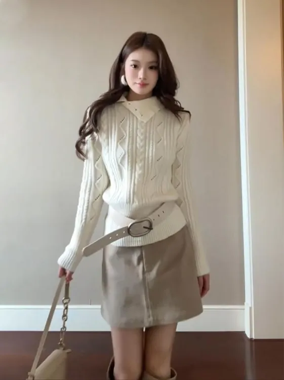 韩系高级感穿搭套装女秋冬气质翻领麻花针织上衣高腰a字裙两件套