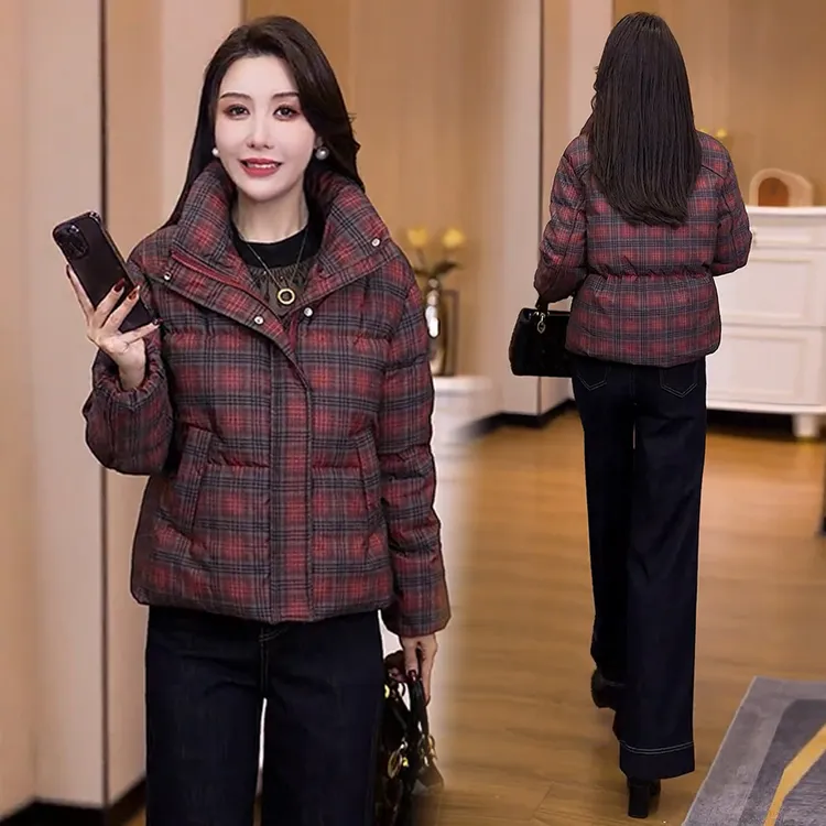 时尚格子立领棉服女2025冬季新款休闲百搭宽松显瘦加厚保暖棉衣潮