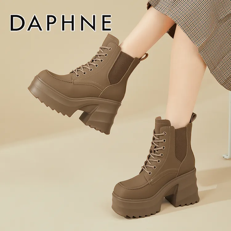 达芙妮9.5CM内增高厚底短靴女2025新款冬季加绒小个子女靴马丁靴