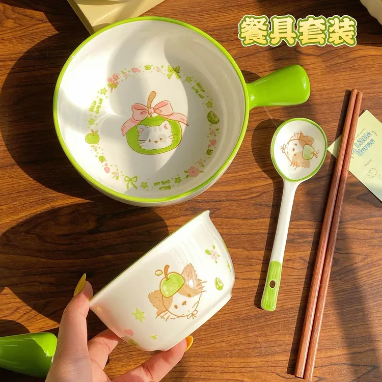 青苹果猫猫釉下彩可爱一人食手把柄碗高颜值陶瓷餐具少女心