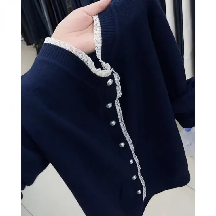 韩系减龄藏青色蕾丝拼接毛衣女早秋小香风设计感小众圆领针织开衫