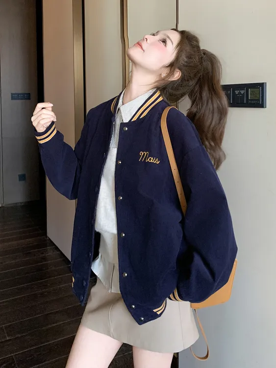 美式学院风拼接撞色棒球服女秋冬2025新款复古字母刺绣百搭外套女
