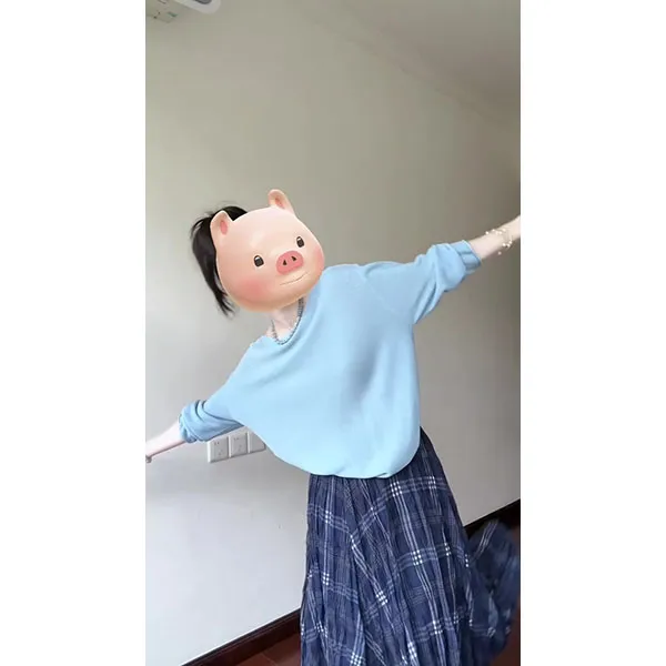 韩系早秋新款蓝色薄款针织宽松休闲长袖复古格纹大摆半身裙女套装