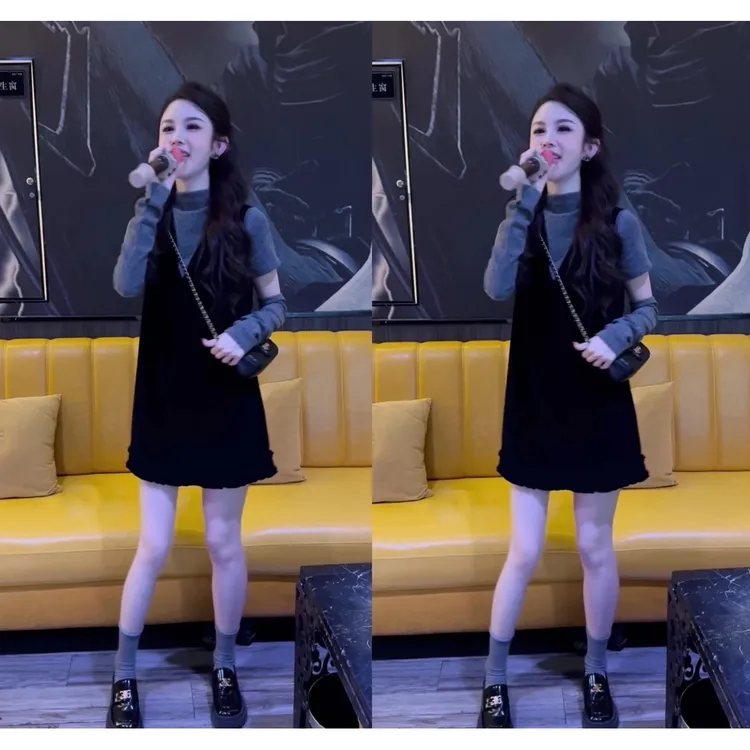 一秒心动|波点半高领套袖上衣丝绒V领花边短款连衣裙套装