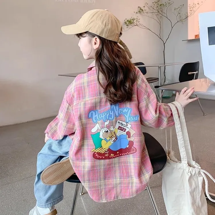 女童格子衬衫外套春秋款2025新款春季衬衣儿童薄款春装小女孩上衣