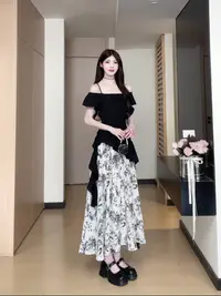 松本丧丧夏季水墨画长裙新中式拼接裙复古夏季连衣裙B252Q1370