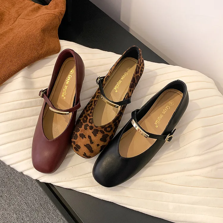 豹纹内增高玛丽珍女鞋春秋法式气质方头浅口一字扣带复古奶奶单鞋