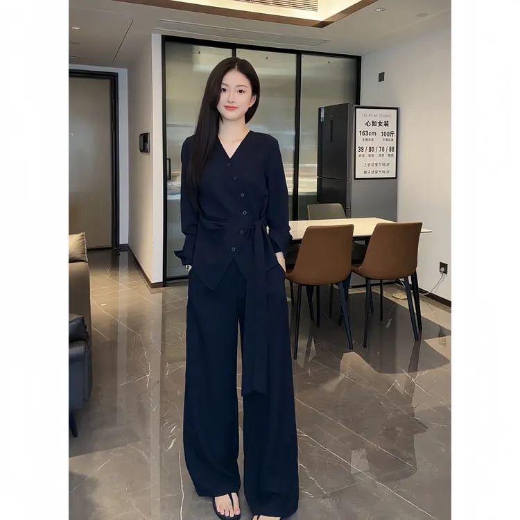 秋季新款洋气长袖气质百搭V领显瘦斜扣系带衬衫长裤套装两件套
