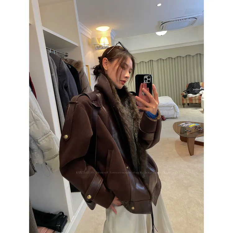 JCCC影子【复古酒心】酒红色翻领环保皮草短款夹克外套JE5IPW10