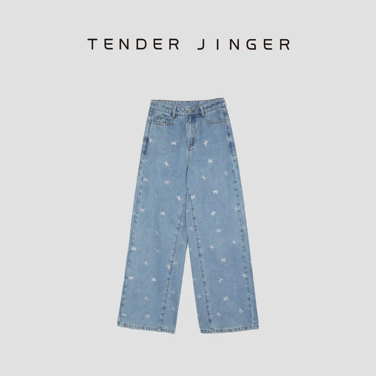 Tender Jinger【黑标】浅蓝蝴蝶结提花烫钻阔腿牛仔裤T52RM142R