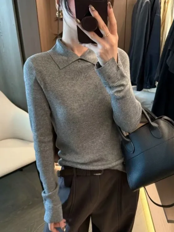 MEIZHENZI【超细绵羊毛】通勤小翻领|百搭秋冬针织衫女打底毛衣