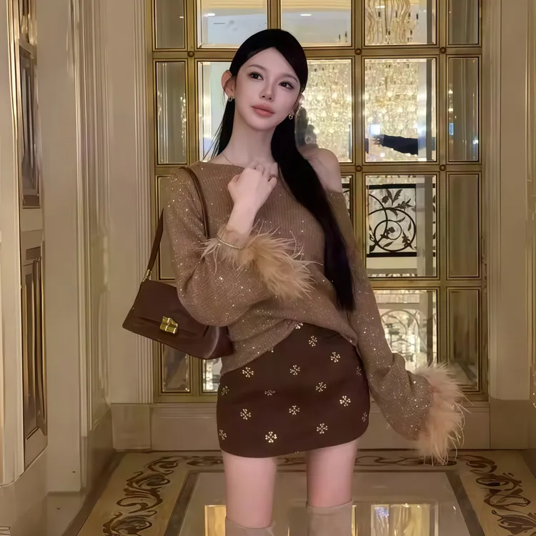 法式休闲风女斜肩重工亮片长袖百搭针织上衣高腰显瘦印花半裙套装