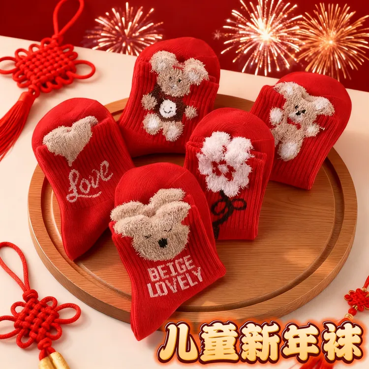 儿童红袜子红色宝宝年袜卡通马年秋冬中筒袜小熊新年韩版日系女孩
