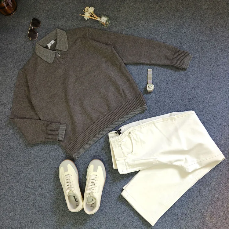 老钱复古假两件v领翻领秋冬毛衣长袖高级针织衫上衣慵懒风polo衫