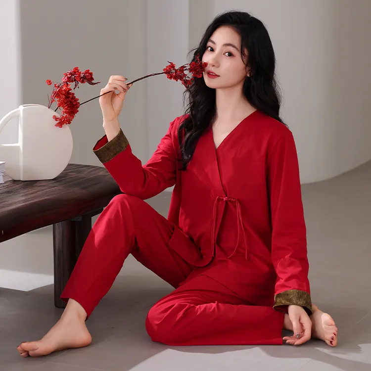 睡衣新娘长袖春秋款女秋季大码家居服套装本命年红色送礼纯棉结婚