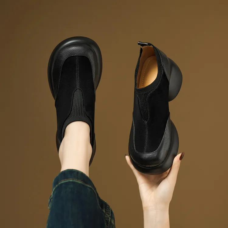 2025年新款头层羊皮跟高6公分休闲单鞋时尚百搭女士黑色真皮粗跟