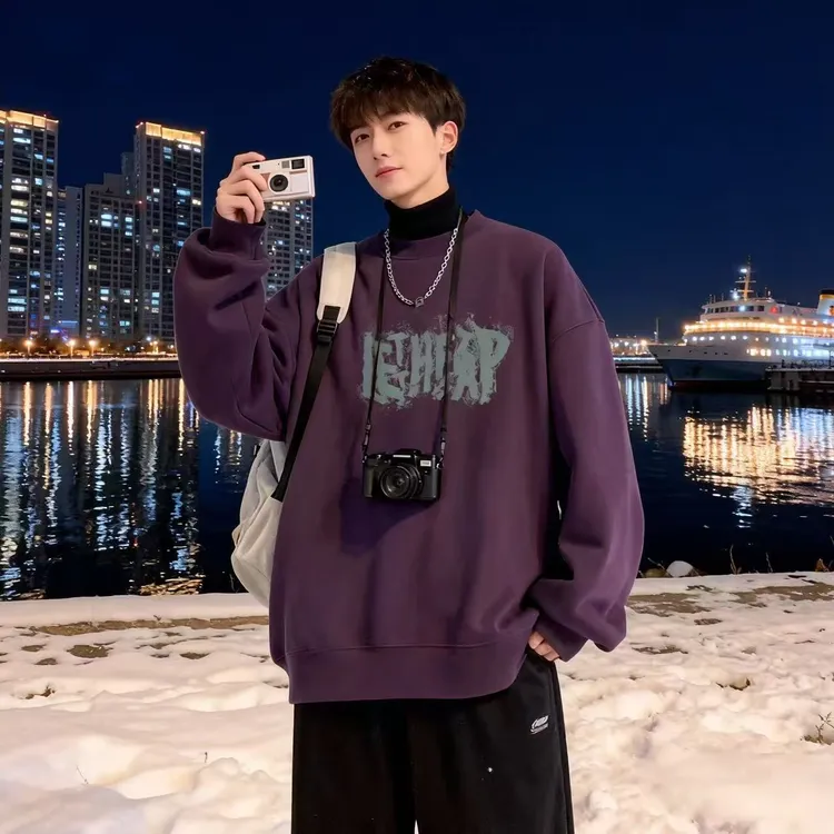 秋冬新款圆领卫衣男生加绒加厚打底衫韩版休闲宽松长袖青少年上衣