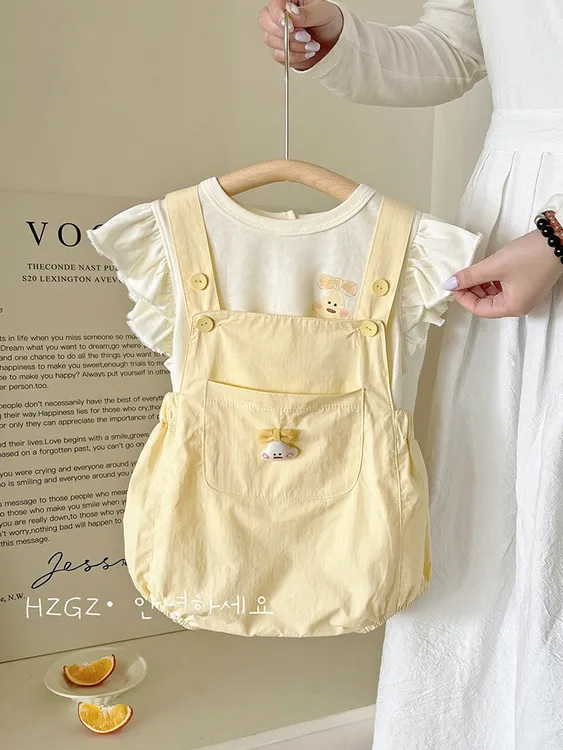 婴儿背带裤夏季连体宝宝套装超萌纯棉薄款爬服小月龄包屁衣a类棉