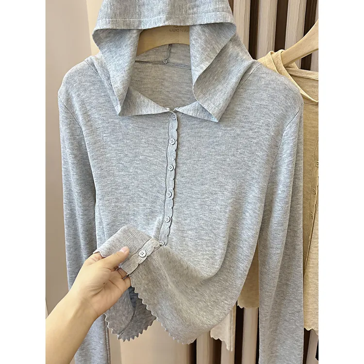 纯色长袖连帽开衫外套针织衫女2025秋季新款宽松花边外穿韩版上衣