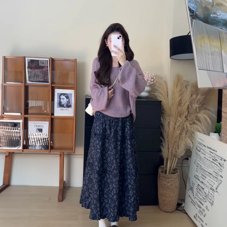 森系休闲ins风高腰松紧碎花半身裙女慵懒风松弛针织上衣两件套装