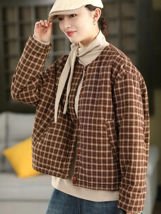 新款冬季复古色织格纹100%麻夹棉外套女文艺格纹加厚棉袄无帽棉服