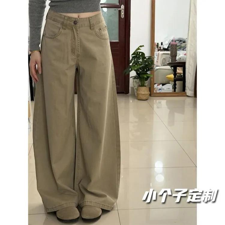 145小个子美式卡其色高腰阔腿牛仔裤女宽松显瘦休闲直筒拖地长裤