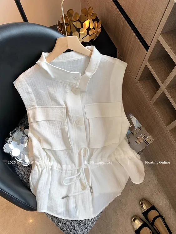 老钱风翻领抽绳系带收腰衬衫女2025夏新款松弛感高级时髦无袖上衣