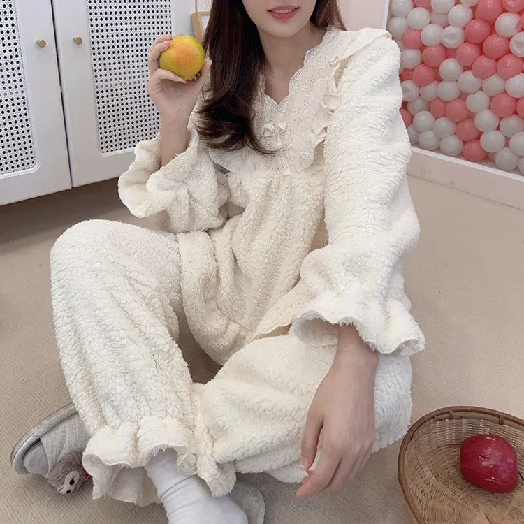 韩国冬季甜美加绒加厚泡泡绒花边V领公主睡衣女保暖家居服S25248