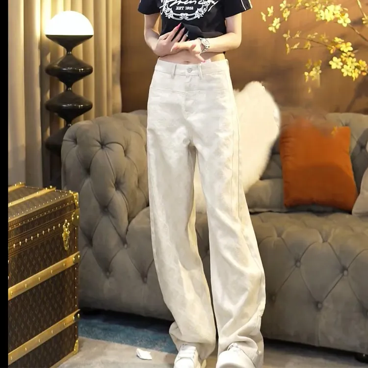 香朵儿时尚菱格纹牛仔裤女2025年夏季新款宽松百搭直筒气质休闲裤