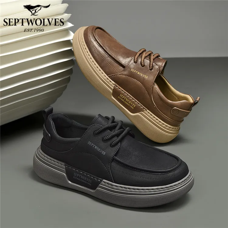 七匹狼皮面板鞋2025秋季新款潮鞋工装休闲皮鞋增高软底工作男鞋