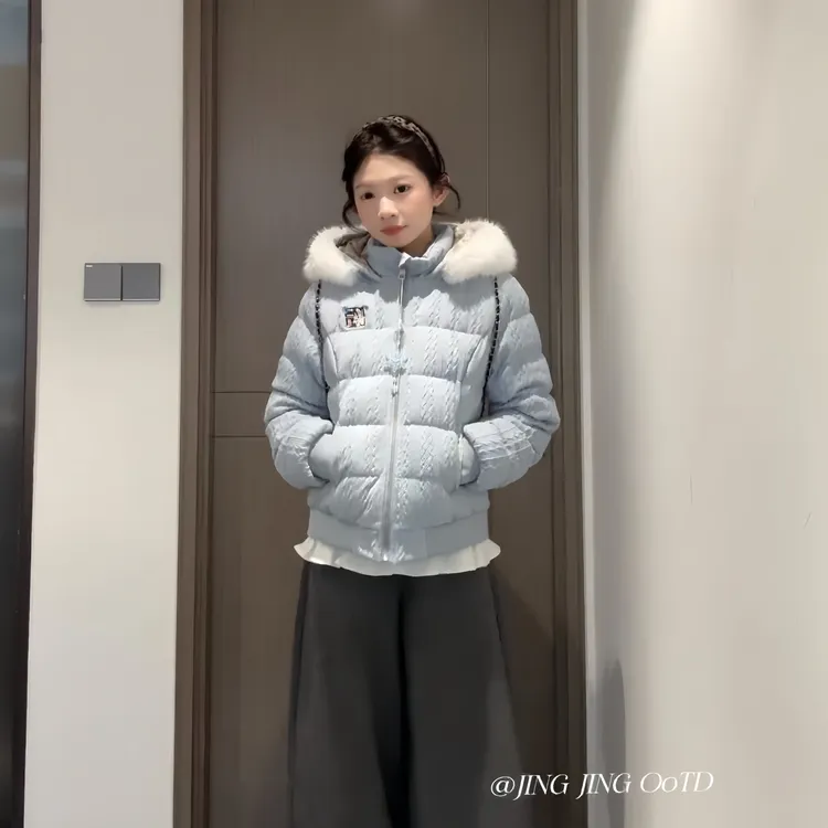 AMER 国潮美式复古小标刺绣冬日雪花设计大毛领棉服外套保暖