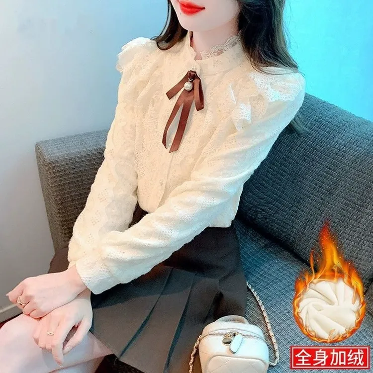 秋冬加绒打底衫女新款小香风内搭蕾丝上衣加厚洋气时尚蝴蝶结衬衫
