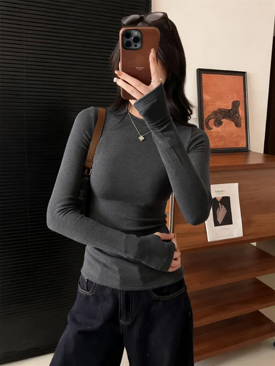 深灰色韩系高级感上衣女装秋冬新款小众修身套手指加绒加厚打底衫