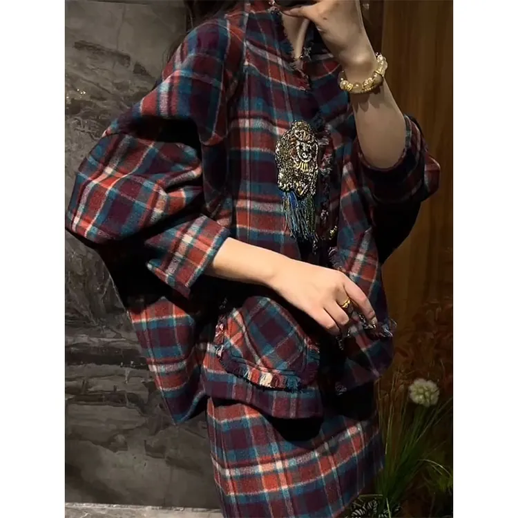 复古格纹毛呢套装女秋冬宽松外套上衣时尚百搭大码套装格子短裙