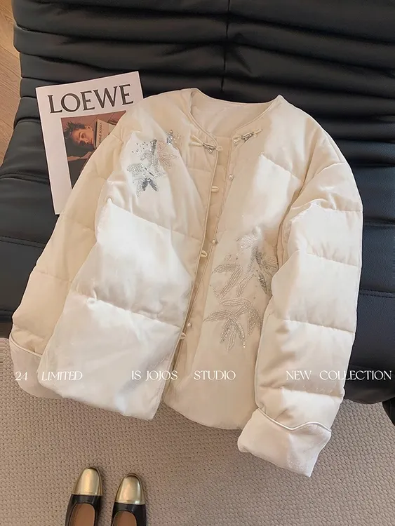 新中式珠片重工棉服女2024冬季新款宽松百搭时尚保暖显瘦棉衣外套